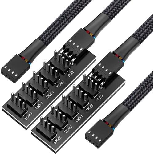 PWM Fan Hub Splitter, 4 Pin Black Sleeved 5 Way PC CPU Cooling Case Fan Extension Splitter Adapter Cable 40cm/15.7Inch