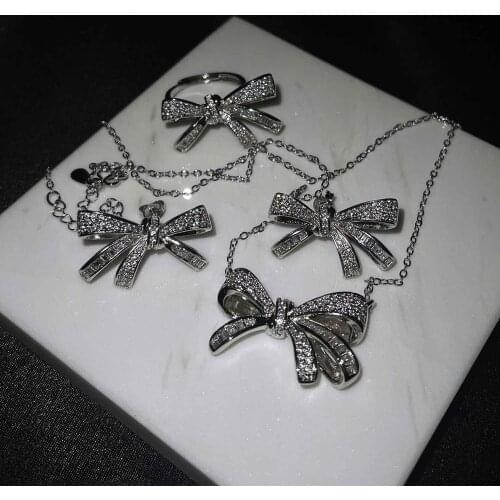 QTT Bowknot Necklace Earrings Ring Set Adjustable 925 Silver Chain Jewelry Charm Earrings Butterfly Jewelry for Women Girls