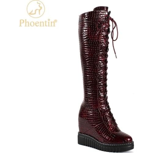 Phoentin 2020 winter genuine leather knee high boots wedge high heels zip cross tied women shoes Black Wine Red FT1207