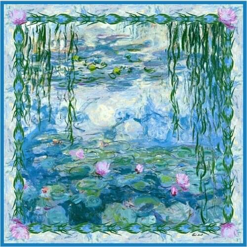 Art Silk Scarf Oil Painting 'Water Lily' 100% Silk Wraps Necktie Foulard for Women Shawl Cape 106*106cm
