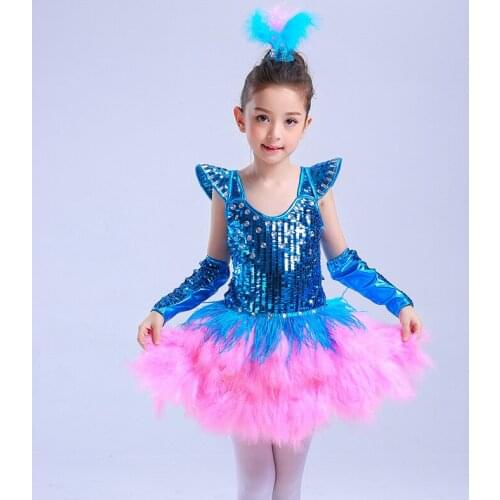 Girl Competition Dance Dress Latin Samba Chacha Ballet Feather Sequin Performance Dancewear 110-160size