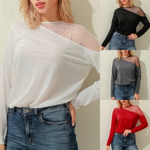 Spring Autumn Sexy Women Loose Casual Solid Color T-Shirts Patchwork Design Lace Decor See Through O-Neck Long Sleeve Women Tops