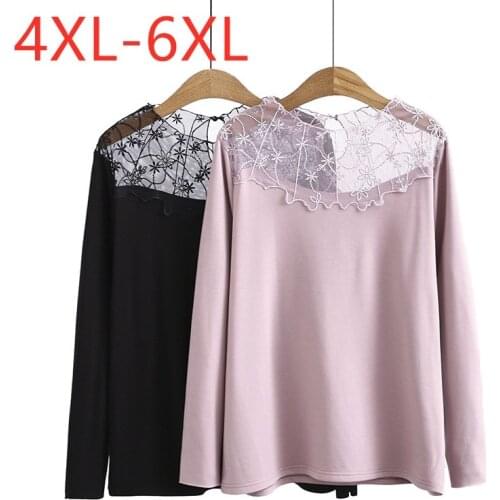 New Ladies Autumn Winter Plus Size Basic Tops For Women Large Long Sleeve Elastic Slim Black Lace Cotton T-shirt 4XL 5XL 6XL