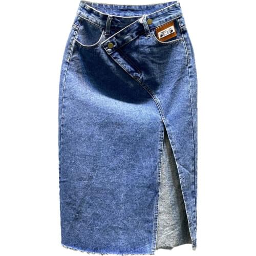 2021 summer vintage split denim skirt women high waist package hip knee length a-line skirt