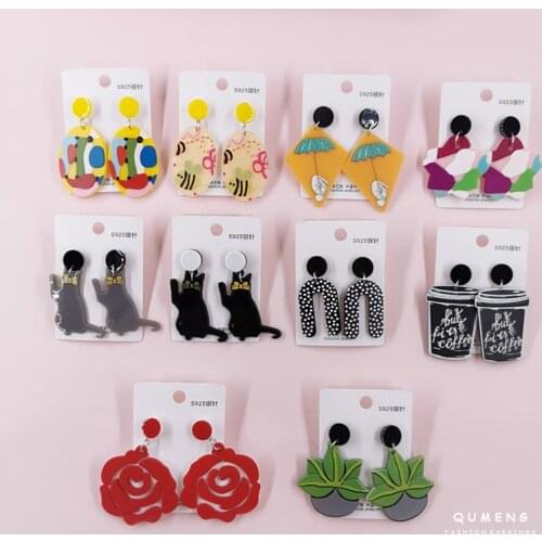 QUMENG 2021 Latest Design Plant Flower Coffee Rose Cat Acrylic Printing Geometric Pendant Earrings For Women Funny Punk Jewelry