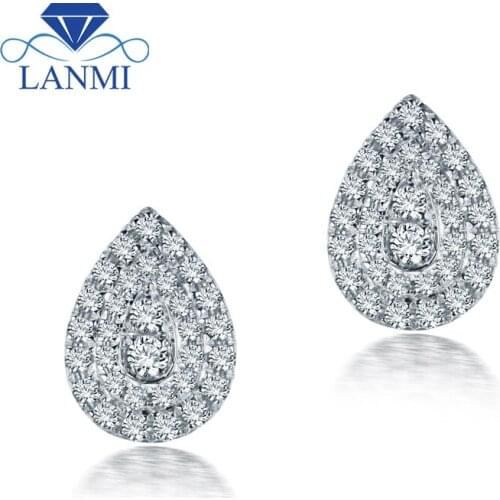 LANMI Real Solid 14K White Gold Pear Shape Natural Diamond Wedding Earring for Women Promised Jewelry