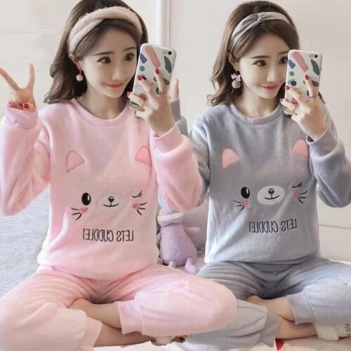 Womens Pajamas Set Autumn and Winter Ladies Pajamas Flannel Long-Sleeved Pajamas Women Pajamas Cute Animal Womens Home Service