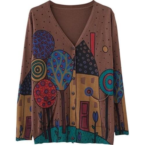 Autumn new style retro literary plus size womens V-neck wool cardigan jacket printing long-sleeved sweater women