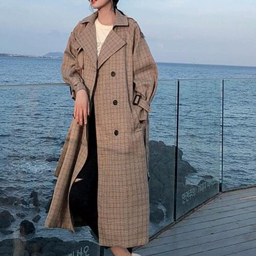 Ladies Plaid Long Double Breasted Belted Duster Coat Outerwear with Storm Flaps Oversize Loose Women Korean Style Trench Coat