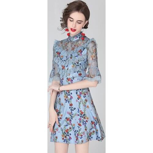 New 2021 Fashion Runway Summer Blue Mini Dress Women Flare sleeve Mesh Patchwork Ruffles Lace Floral print Short Dress kA362