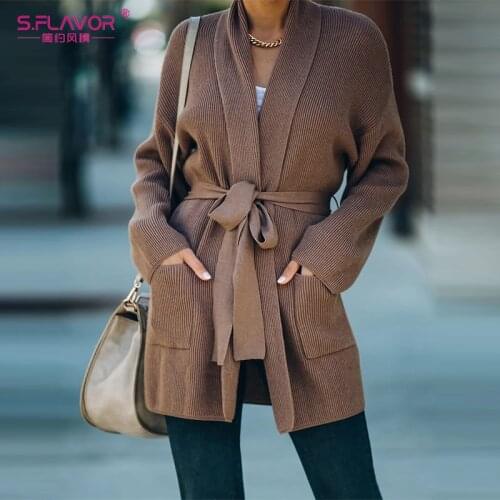 S.FLAVOR Autumn Winter Women Lace Up Knitted Cardigan Coats 2021 New Casual Loose Pocket Coat Long Sleeve Sweater Cardigan