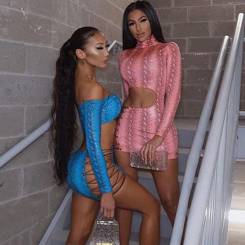 Snake Skin Print Sexy Mini Party Dress Women Turtleneck Long Sleeve Bandage Bodycon Dress Cut Out Night Club Short Dresses Robe