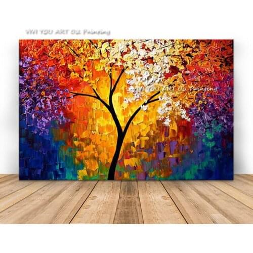 100% Hand painted colorful flower and tree oil painting knife canvas handmade modern artist home room decoration wall art