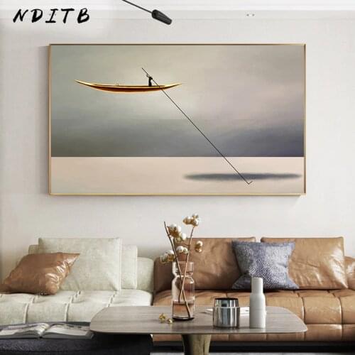 Sea Golden Boat Abstract Canvas Painting Nordic Vintage Poster Print Modern Artwork Wall Art Decoration Picture Living Roo Decor