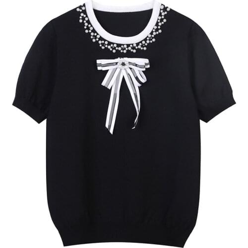 Brand Design Luxury Knitwear Short Sleeve 2021 Summer Fashion Women Pullover Short-Sleeved O-Neck Beaded Bow Top Black Clothes