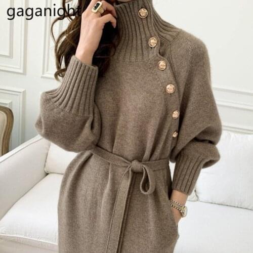 Gaganight Vintage Women Long Sweater Dress Autumn Winter Fashion Lady Korean Dresses Solid Bodycon Vestidos Warm Dropshipping