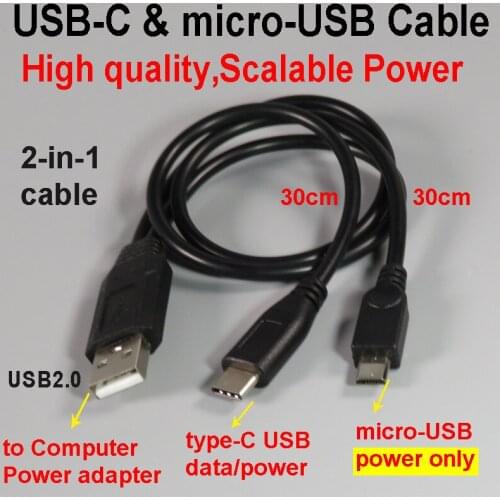 Type-C and micro-USB 2-in-1 data power cable USB2.0 data charge cable 30cm for USB-C device smart phone support scalable power