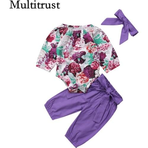 Citgeett Newborn Baby Girls Floral 3pcs Clothes Jumpsuit Romper Purple Autumn Pants Costume Set Clothing
