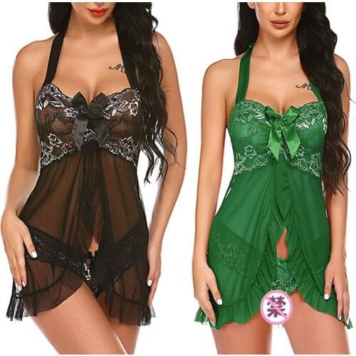 Lingerie Set for Women Lace Babydoll Dress Backless Halter Chemise Red Black Green Nightgown