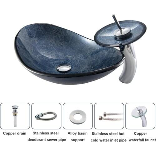 Bathroom Basin Tempered Glass Hand Painted Waterfall Spout Basin Tap Bathroom Hotel Sink Washbasin Bath Brass Set Faucet