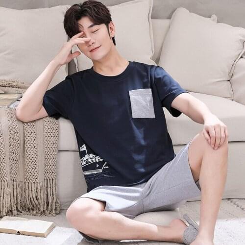 Summer Men Pajamas Set Cotton Plus Size Dark Blue Pocket Sleepwear Contracted Print O-Neck Short Sleeve Shorts Male Nightwear