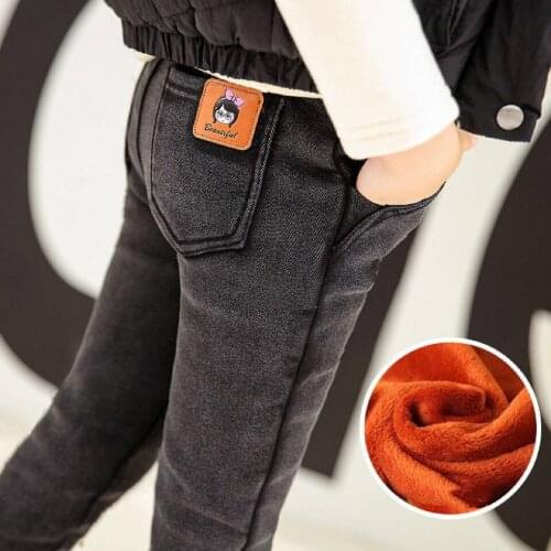Fashion New Winter Girls Jeans Pants Plus Velvet Slim Mid Waist Long Trouser 2 Colors For Teenager Girl 110-160CM Girl Clothing