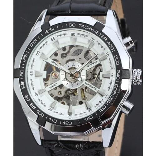 50pcs/lot winner-D170 skeleton winner date watch leather mechanical watch hollow out men watch calendar winner watch