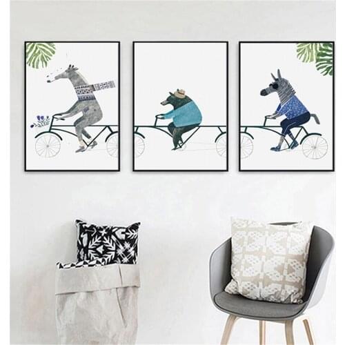 Wall Art Canvas Painting Bear Deer Zebra Bicycle Cartoon Animal Nordic Style Kids Decoration Posters And Prints Wall Pictures