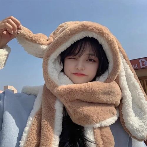 2021 New Cute Rabbit Cashmere Bomber Hats Women Fluffy Hat with Ears Autumn Winter Cute Pullover Earmuffs Warm Cap Muffler