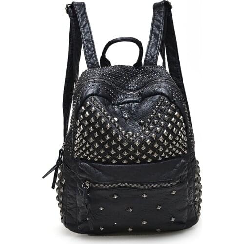 2021 New Women Waterproof PU Leather Rivet Backpack Womens Backpacks for Teenage Girls Ladies Bags Black Bags with Zippers