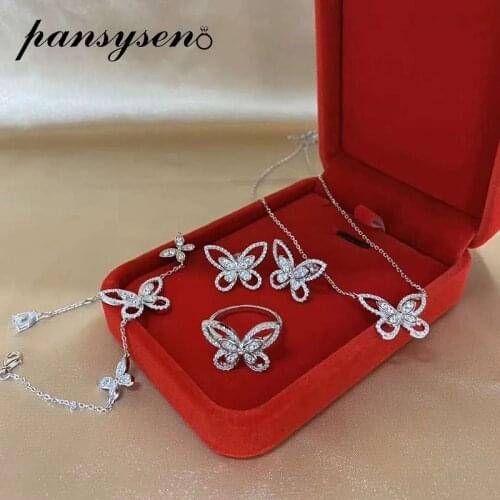 PANSYSEN New Classice Butterfly Created Moissanite Solid 925 Sterling Silver Necklace/Earrings/Ring/Bracelet Bridal Jewelry Sets