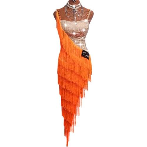 Sexy Latin Dance Dresses For Ladies Orange Cocktail Braces Dresses Young Female Women Ballroom Tutu Tassel dresses DM1035