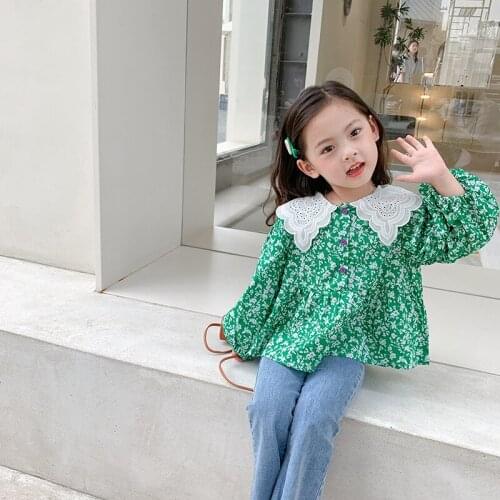 Girls' doll shirt 2021 autumn new childrens long sleeve top baby fashion broken flower Korean shirt kids clothing