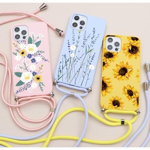 Silicone Flower Lanyard Case For iPhone 12 Mini 11 Pro XS Max X XR 6 6S 7 8 Plus 5 5S SE 2020 Crossbody Necklace Cord With Rope