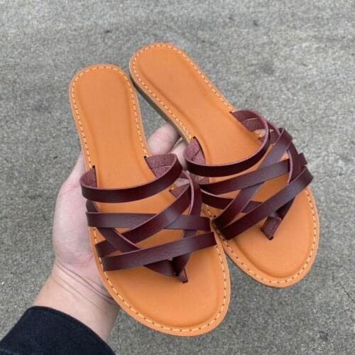 Genuine Leather Slides New Fashion and Summer Shoes Woman Ladies Retro Thin Belt Open Toe Large Size Flat Bottom Feamle Slippers
