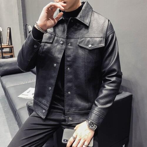 High Quality Black PU Leather Motorcycle Jacket Men Clothing 2020 Fashion Turn Down Collar Slim Fit Casual Outwear Coats 3XL-M