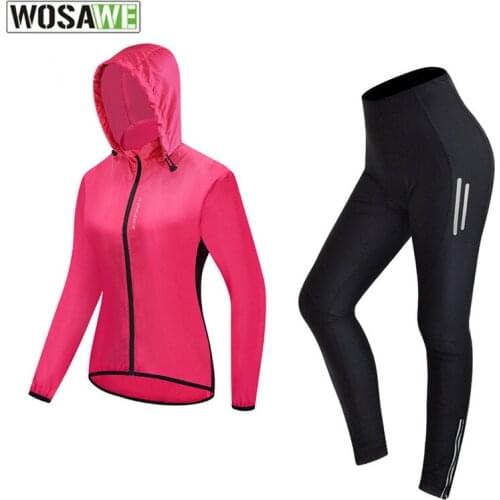 WOSAWE Womens Cycling Jacket Set Long Sleeve UV Wind Sport Bike Bicycle Jacket Hooded Windbreaker Quick Dry Cycling Clothing