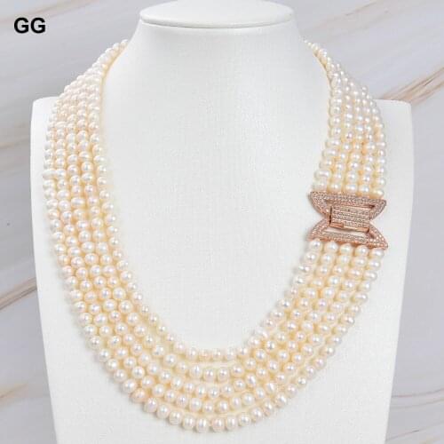 GuaiGuai Jewelry 5 Strands 6mm Natural White Pearl Necklace For Women