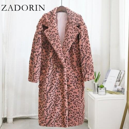 ZADORIN 2021 Winter Leopard Print Lapel Collar Long Fleece Jacket Women Oversized Pink Faux Fur Coat Thick Warm Teddy Jacket