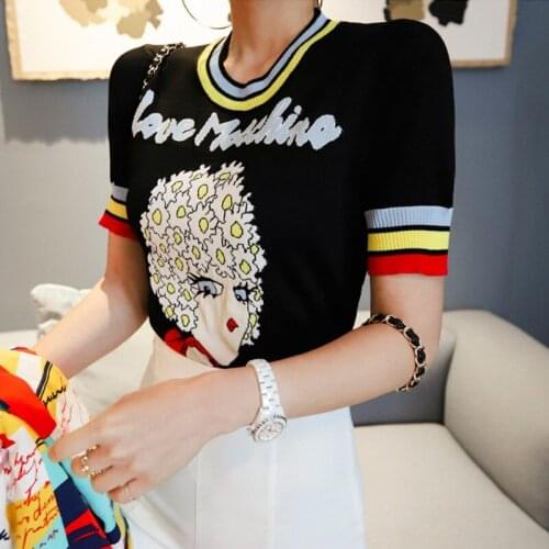2020 New Women Tops Jacquard Lovely Girl Letters Short Sleeve Pullover Summer Female Knitted Striped O-neck Sweater Jumper Hot