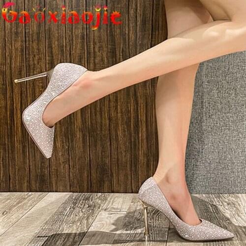 Fashion 2021 Womens Pumps 10CM Temperament Dress Party Pointed Stilettos Glitter Pearl Diamond Elegant Wedding High Heel Shoes