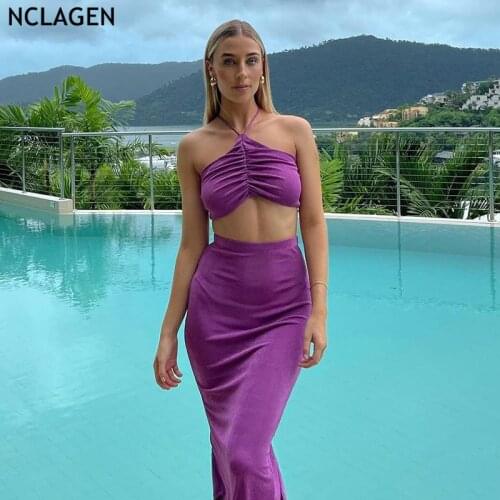 NCLAGEN Women Summer Skirt Set Hollow Out Backless Bandage Camisole Crop Top High Waist Split Long Skirt Lady Two Pieces Suits