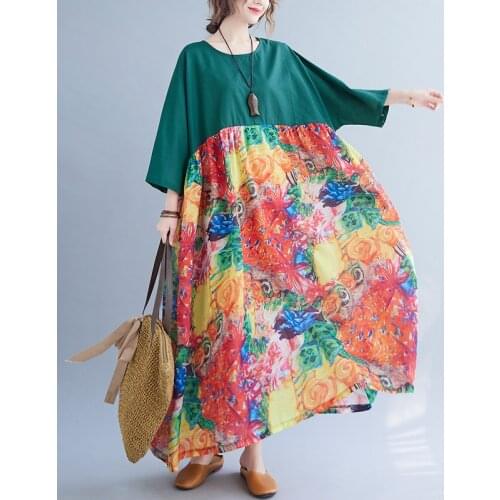 Batwing Sleeve Oversized Dress 2021 New Arrival Patchwork Print Floral Loose Summer Dress Cotton Linen Women Casual Beach Dress