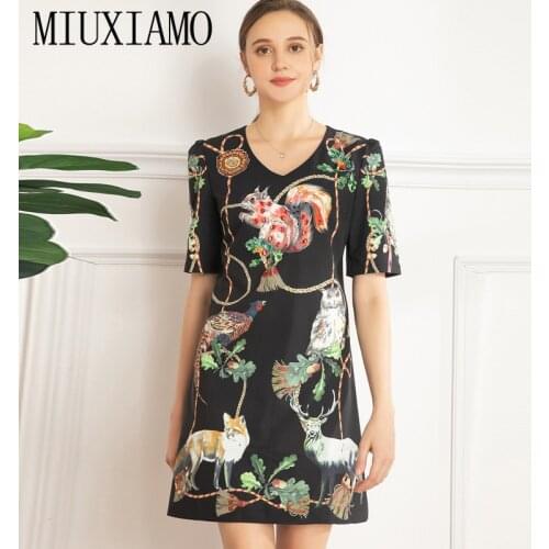 MIUXIMAO 2021 Spring Summerdiamonds Short Sleeve Flower Animal Print Black Elegant Fashion Vestidos Vintage Dress Women Vestidos