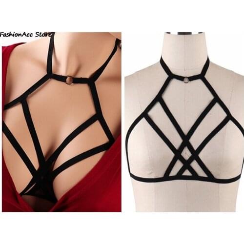 Black Sexy Elastic Bra 90s Cupless Lingerie Bra Elastic Harness Belt Bdsm Female Sexy Goth Lingerie