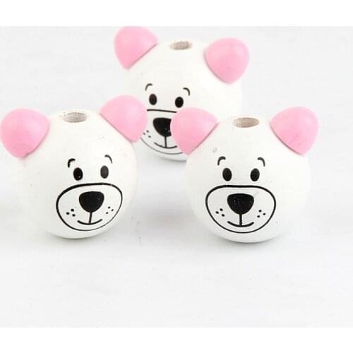 Wood Beads 5Pcs Pink ear Wooden 3D Cartoon Bear Ball Wood Beads for Jewelry Making DIY Bear Pacifier Clip