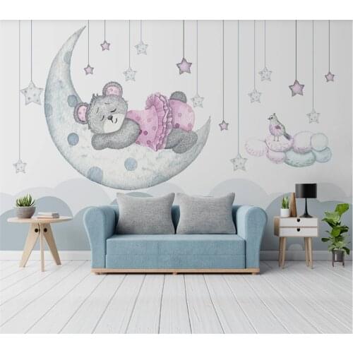 Custom wallpaper 3D / 8D mural Nordic minimalist hand-painted cartoon fantasy moon bud star bear family indoor background wall