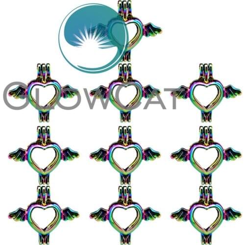 GLOWCAT 10x C59 Rainbow Color Cute Heart Wings Beads Cage Jewelry Making Essential Oil Diffuser Aroma Pearl Cage Locket Pendant