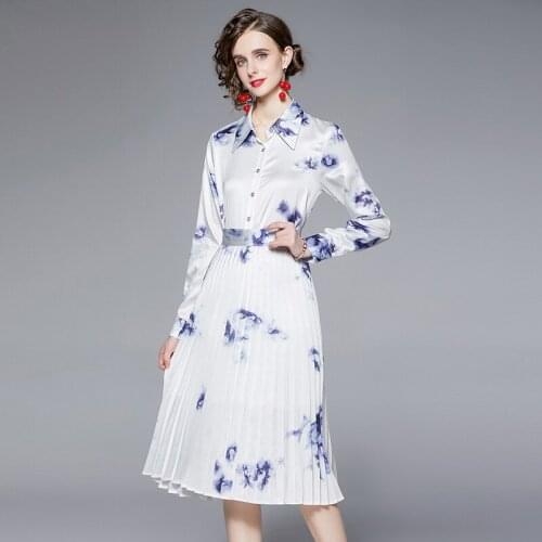 Two Piece Set Women Ink Painting Silk Casual Shirt And Pleated Skirt Suits Tie-dye Printing Tops + Skirt Sets Womens Sets 2PCS
