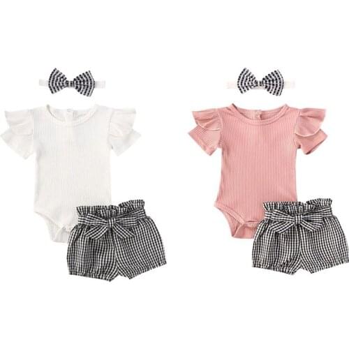 Focusnorm 0-24M Newborn Baby Girl Clothing Set 2PCS Short Sleeve Knitting Romper Top Striped Pants Girl Fashion Outfit